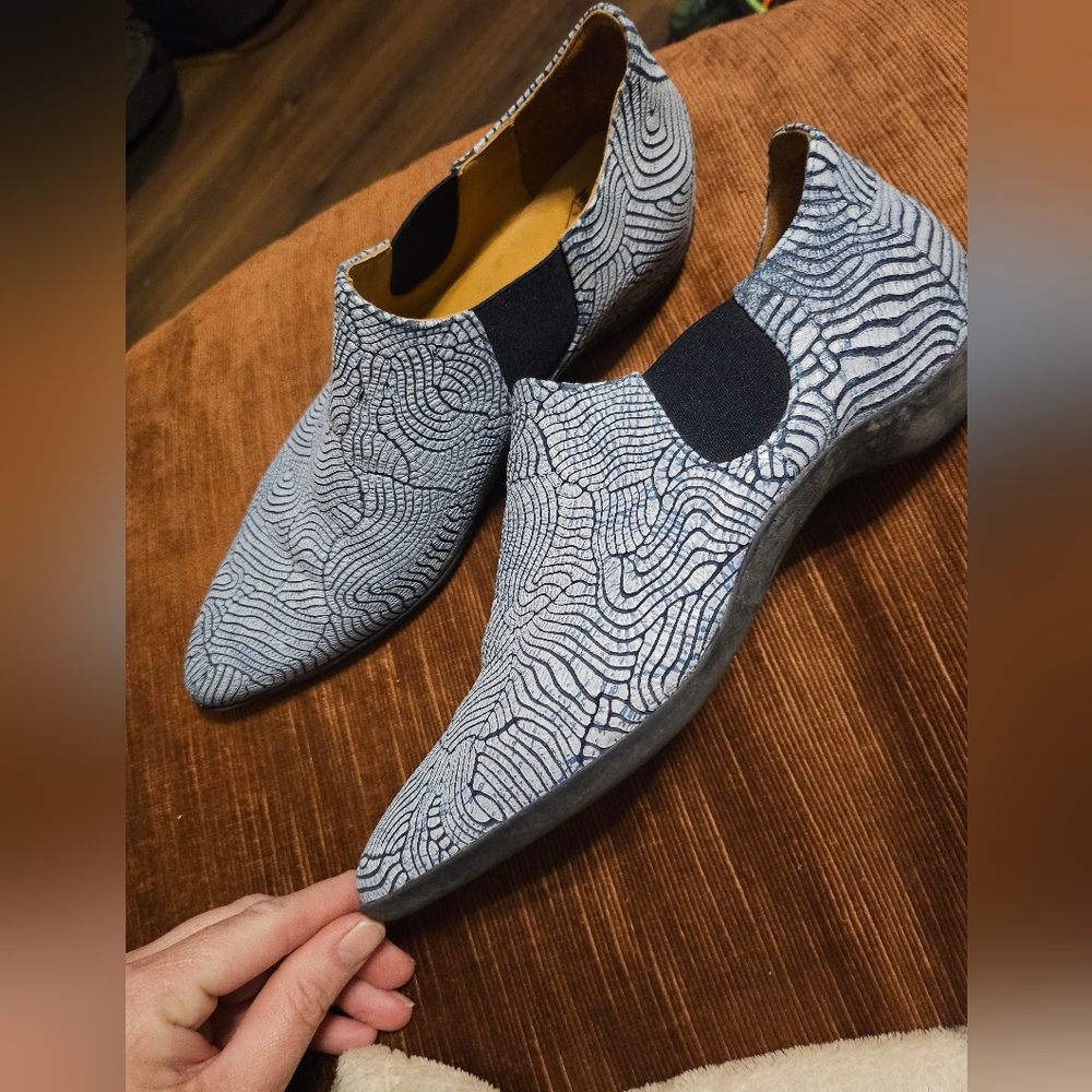 John Fluevog Blue Patterned Pointed Slip-Ons
